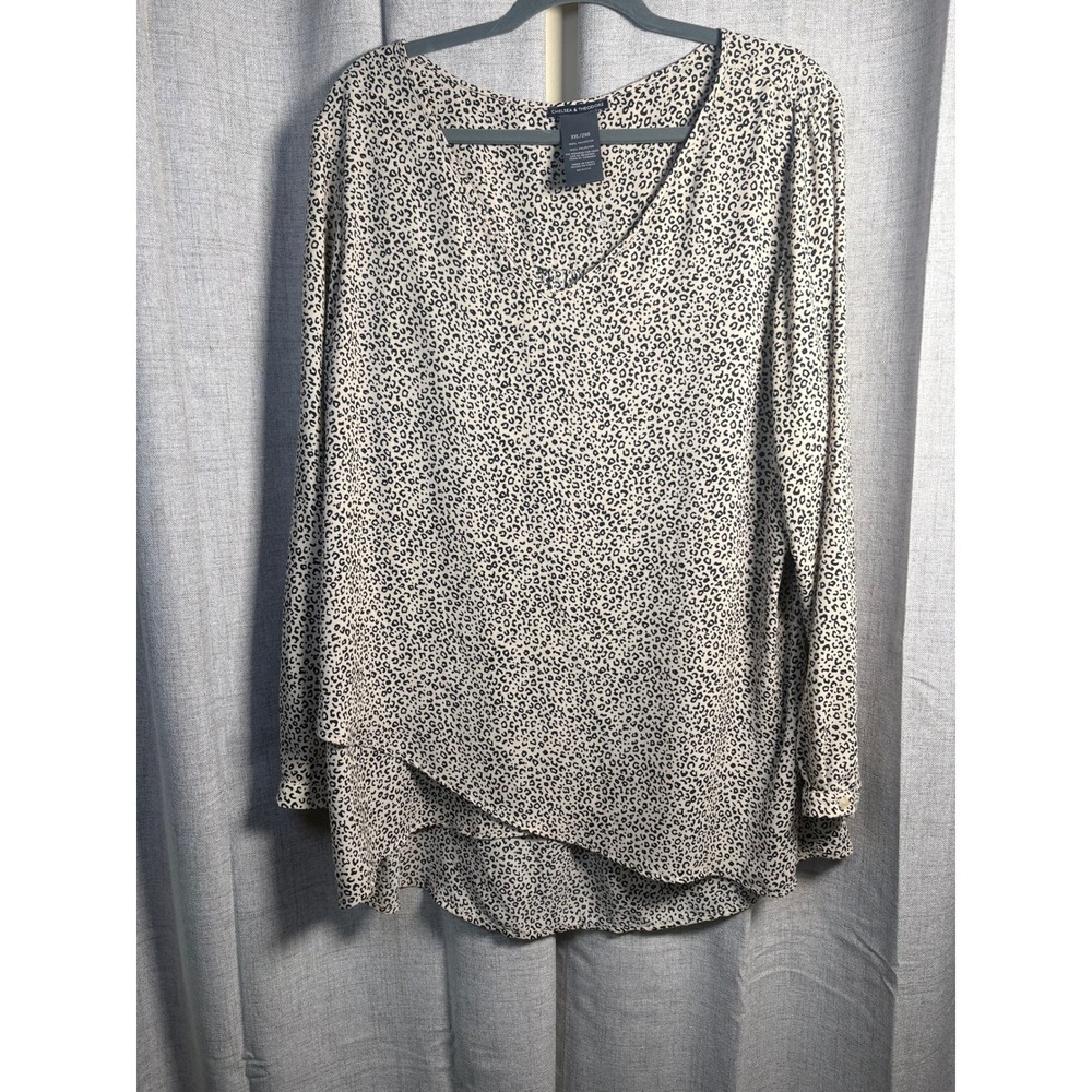 Chelsea & Theodore Leopard Print V-Neck Blouse XXL Tan Black Crossover Hem Top